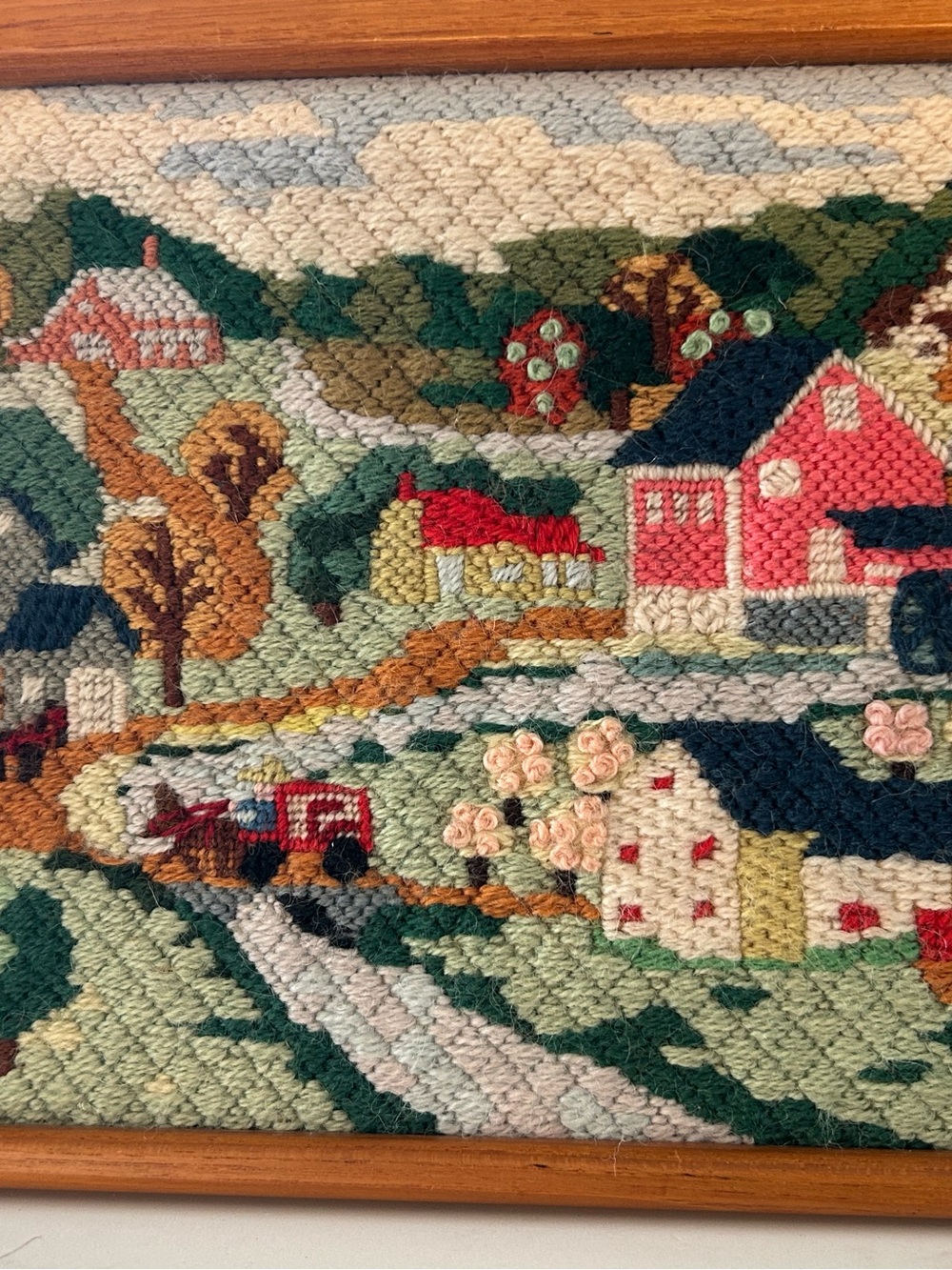 Vintage Handcrafted Hooked Rug Wall Art - Countryside Scene. Teak wood frame - Picture 12 of 12